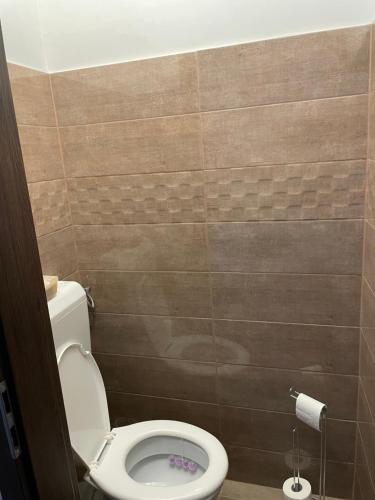 a bathroom with a toilet and a tiled wall at BRL Apartman in Nyíregyháza