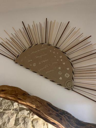a fan with writing on it on a wall at B&B Steddueoro in Baunei