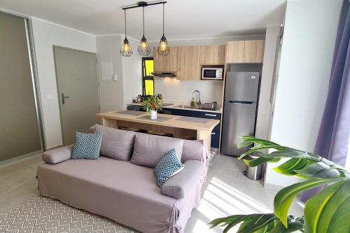 uma sala de estar com um sofá em frente a uma cozinha em Hitivai apartment em Papeete