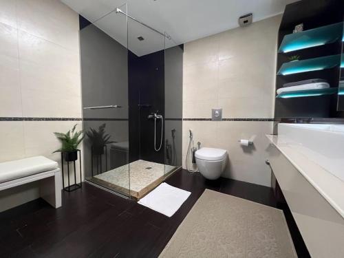 a bathroom with a shower and a toilet and a sink at Villa Hanan Sarajevo in Sarajevo