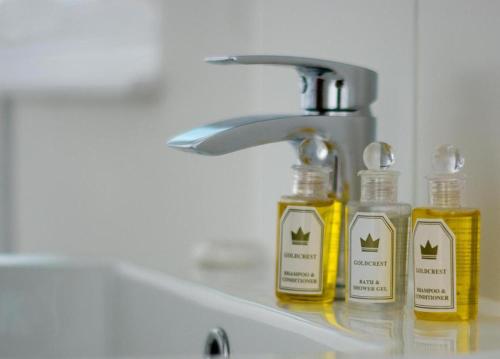 2 bottiglie di sapone sul lavandino del bagno di Remarkable 2-Bed Apartment in Chelmsford a Chelmsford