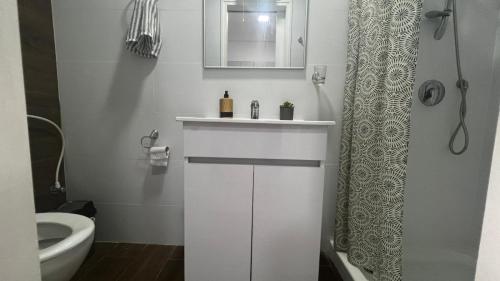 a white bathroom with a sink and a toilet at Ben Gurion (1) 42 in Haifa