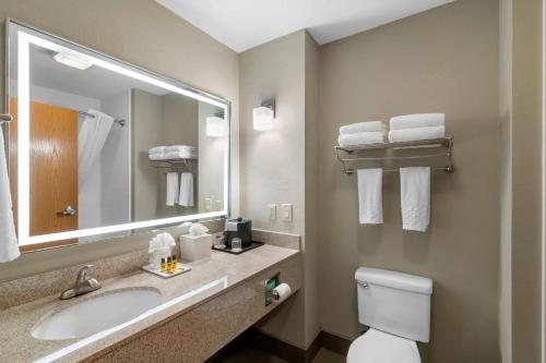 a bathroom with a sink and a toilet and a mirror at Best Western Plus Denton Inn & Suites in Denton