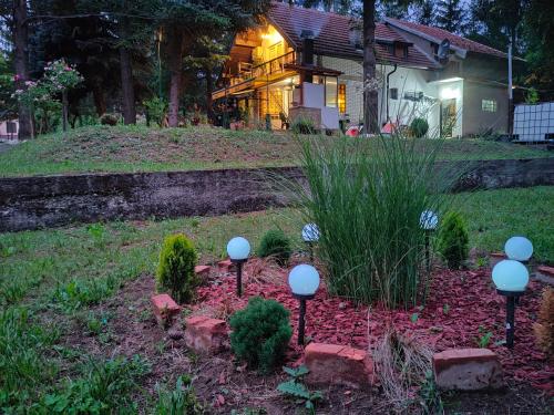 a garden with lights in front of a house at Vila Jezerski raj Borsko jezero in Bor