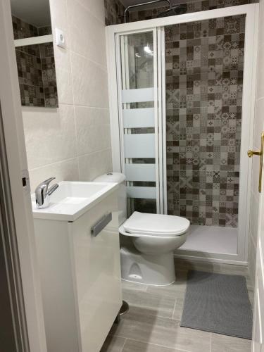 a bathroom with a toilet and a sink and a shower at Nice ground floor apartment- 2 bedrooms - 450 meters from the beach in Cabopino