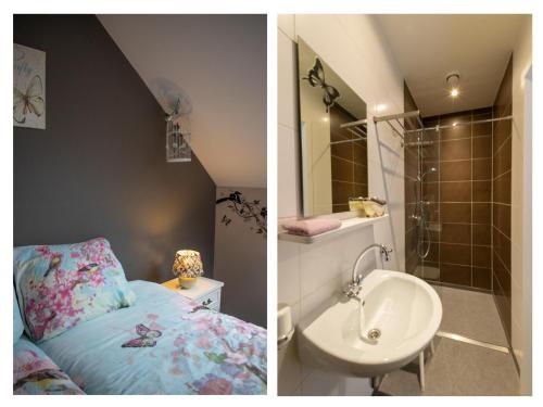 two pictures of a bathroom with a bed and a sink at Lodge Slabroek in Uden