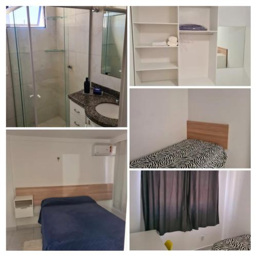 a collage of four pictures of a bathroom with a shower at Solar Areia Preta 302 in Natal