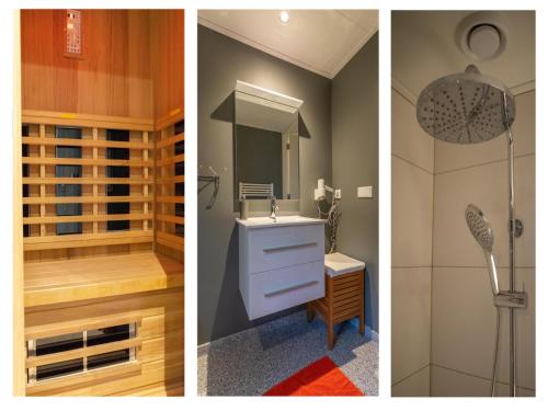 two pictures of a bathroom with a sink and a shower at Berghuisje in Uden
