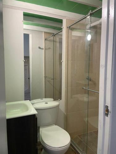 a bathroom with a toilet and a glass shower at La Posada de La Abuela Salento in Salento