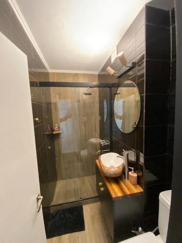 bagno con doccia, lavandino e specchio di Estudio en el centro de Rosario a Rosario