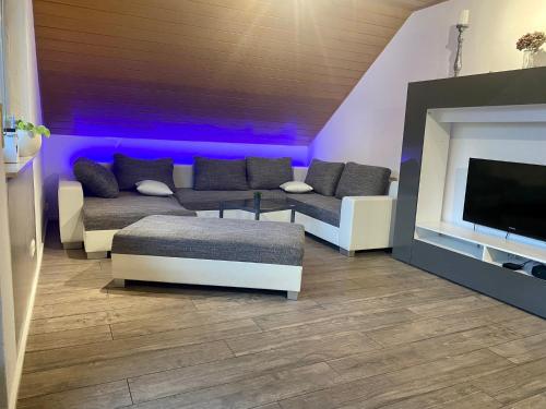 ein Wohnzimmer mit einem Sofa und einem TV in der Unterkunft Ferienwohnung mit Ausblick in Mömbris