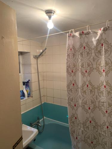 y baño con cortina de ducha y lavamanos. en Budget house with wifi and parking close to amenities en Burton upon Trent
