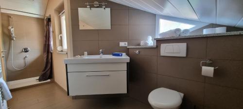 łazienka z umywalką, prysznicem i toaletą w obiekcie Ferienwohnung Camping Goldrain w mieście Coldrano