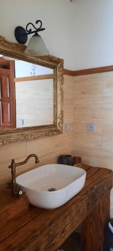 a bathroom with a white sink and a mirror at Penzion-apartmán U Johana in Moravská Třebová