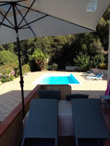 un patio con sombrilla y piscina en Villa maquis en Afa