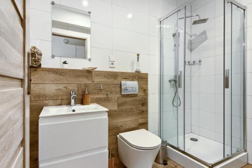 uma casa de banho com um WC e uma cabina de duche em vidro. em Zielone Wzgórze em Posadowa