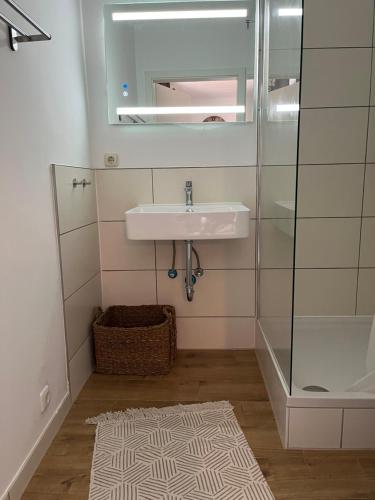 a bathroom with a sink and a mirror at Deich Quartier 9.1 in Dorum-Neufeld