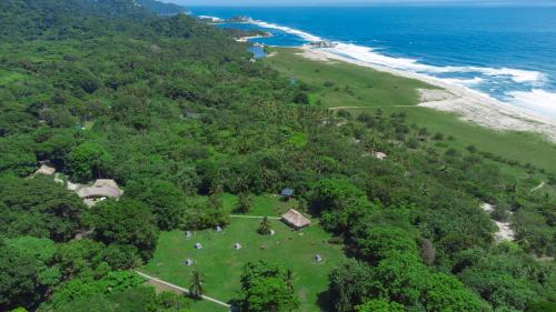 an aerial view of a beach with trees and the ocean at Cabañas Tequendama - Parque Tayrona in El Zaino