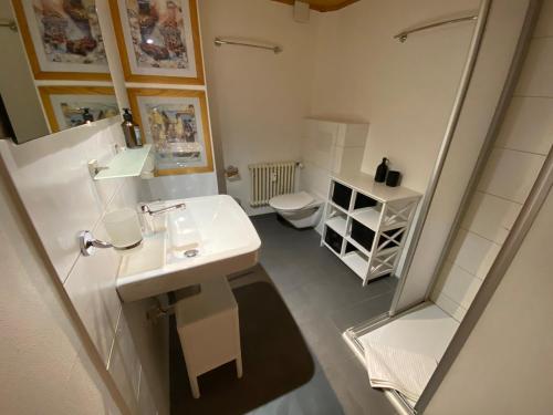 貝特默阿爾卑的住宿－Chalet Diana - Spacious flat - Village core - South facing - Ski-in/Ski-out，浴室配有白色水槽和卫生间。