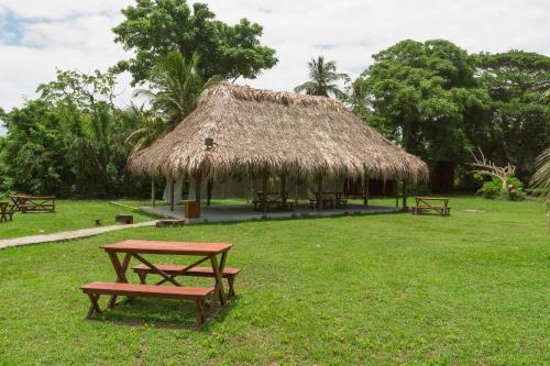 a picnic table and a hut with a grass roof at Camping Tequendama - Parque Tayrona in El Zaino