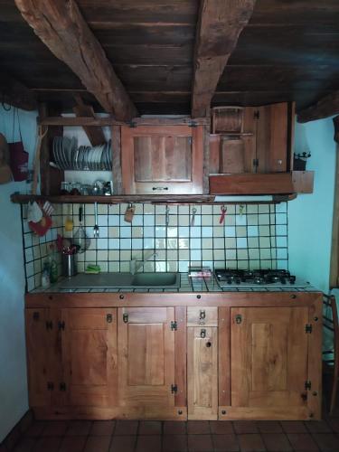 a kitchen with wooden cabinets and a tiled wall at Sa domu 'eccia in Urzulei