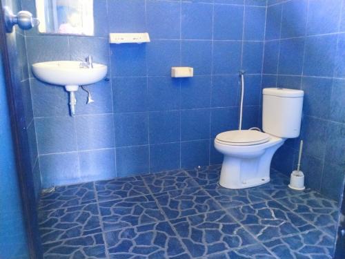 Baño de azulejos azules con aseo y lavamanos en DEA Gili Cottages, en Gili Meno
