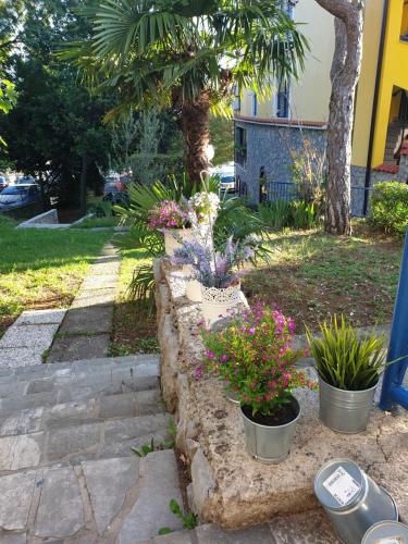 a garden with flowers in pots on a sidewalk at Studio Luka in Crikvenica