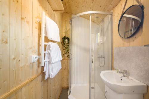 a bathroom with a shower and a sink and a toilet at Roulotte Paradis: insolite, SPA privatif, piscine 