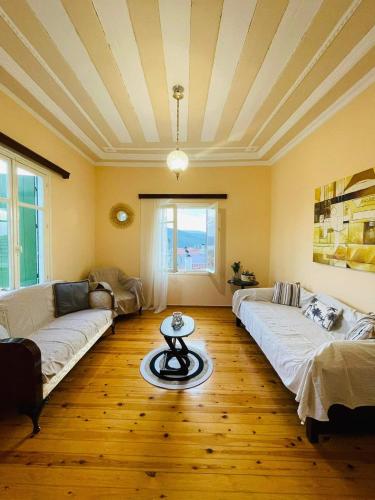 Casa de Pera في ميتيليني: غرفة معيشة مع كنبتين وطاولة