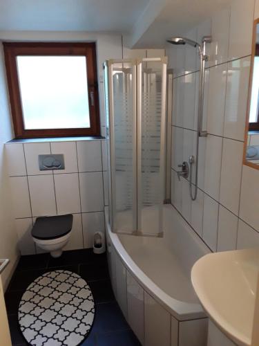 a bathroom with a tub and a toilet and a sink at Apartment am Gifizsee Offenburg in Offenburg