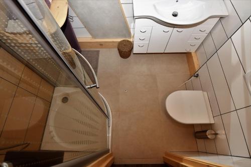 a small bathroom with a sink and a toilet at Oak apartment in Březnice