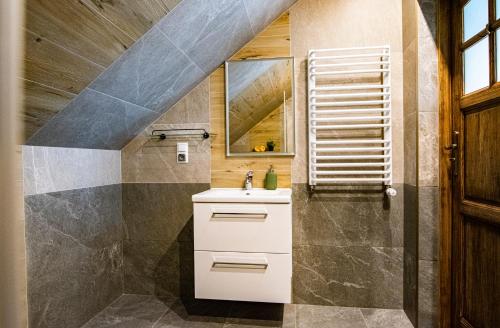 Pokoje Gościnne Biały Bizon في رابكا: حمام مع حوض ومرآة