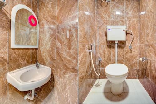 two pictures of a bathroom with a toilet and a sink at Hotel De Classico Juhu in Mumbai