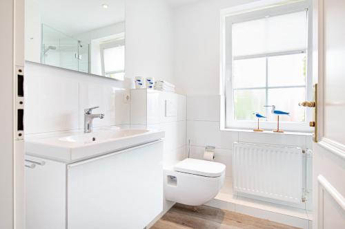 een witte badkamer met een toilet en een wastafel bij Hafenblick Haus Senhuk in List