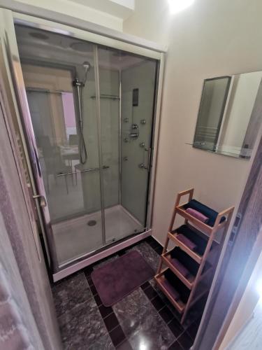 a shower in a bathroom with a glass shower stall at Przystań Familijna in Santoczno