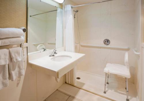 a white bathroom with a sink and a shower at Holiday Inn Alexandria, an IHG Hotel in Alexandria