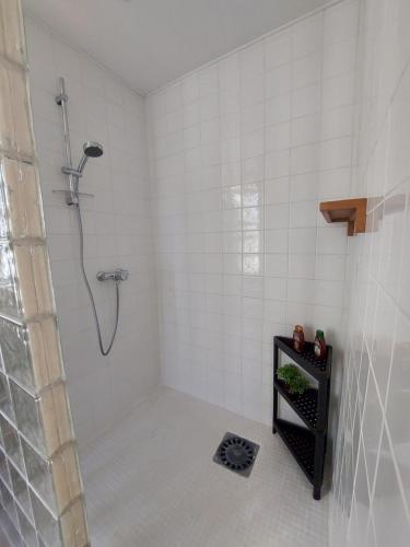 a white bathroom with a shower and a black shelf at Charmant Studio au calme 