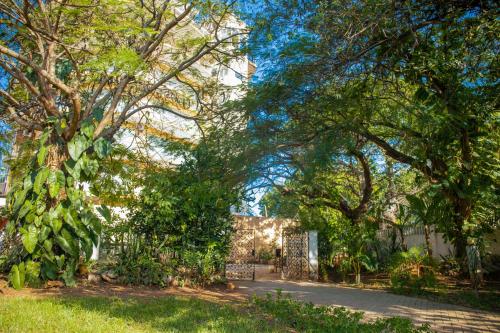 a park with trees and a building in the background at Baobab Village Studio in Dar es Salaam
