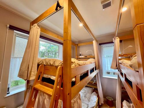 two bunk beds in a room with two windows at Family Tree Guest House in Sapporo
