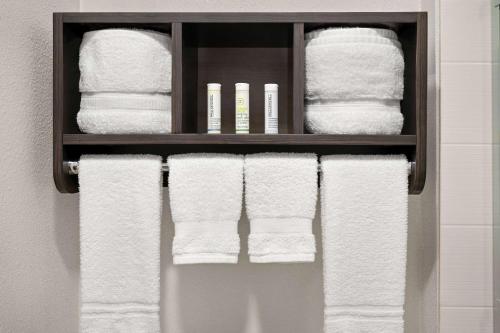wieszak na ręczniki z białymi ręcznikami w łazience w obiekcie La Quinta Inn by Wyndham Columbus Dublin w mieście Dublin