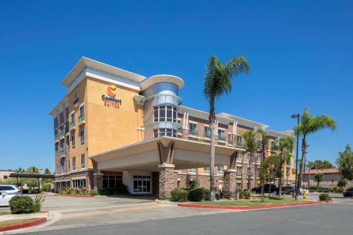 a hotel building with a palm tree in front of it at Comfort Suites Ontario Airport Convention Center in Ontario