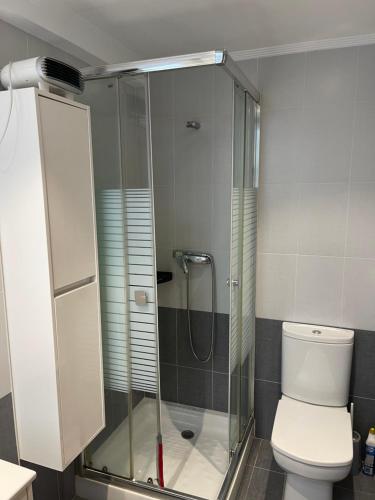 uma casa de banho com uma cabina de duche em vidro e um WC. em DUPLEX DE ENSUEÑO Parking gratuito a 5 min centro de SS Ideal familias em Astigarraga