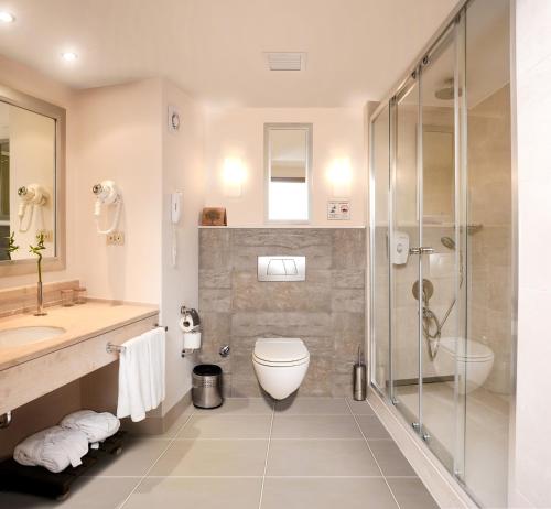 een badkamer met een douche, een toilet en een wastafel bij Korumar Hotel Deluxe in Kuşadası