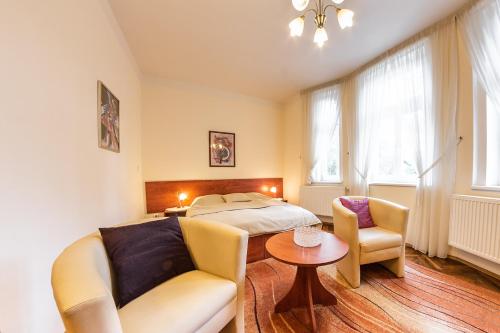 1 dormitorio con 1 cama, 1 silla y 1 mesa en Villa A. Malka en Poděbrady