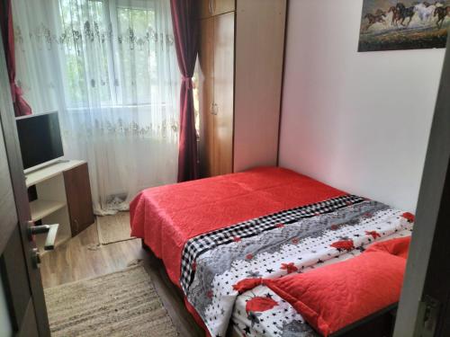 a small bedroom with a bed and a window at Iuli in Iaşi