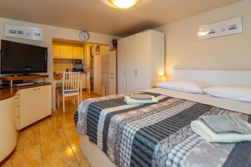 a bedroom with two beds and a flat screen tv at HOLIDAY HOME IVA, Proložac - Makarska in Donji Proložac