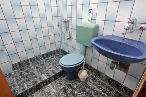 a bathroom with a blue toilet and a sink at Apartments by the sea Sveti Petar, Biograd - 358 in Sveti Petar