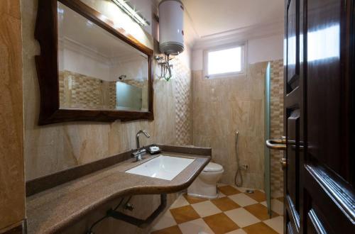 a bathroom with a sink and a toilet and a mirror at Hanuwant Niwas Jodhpur in Jodhpur