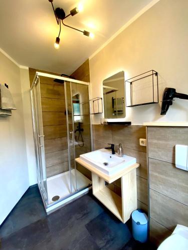 a bathroom with a sink and a shower at Zum Loderwinkl in Sankt Englmar