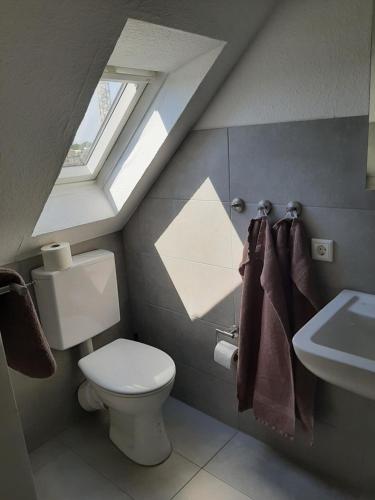 ein Bad mit einem WC und einem Waschbecken in der Unterkunft Pension Asche in Münster